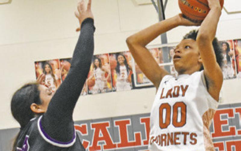 CALDWELL’S JAE MATHIS SHOOTS over the outstretched arms of an Austin Achieve defender. Mathis led the Lady Hornets in scoring during Friday night’s game with 12 points. -- Tribune photo by Roy Sanders