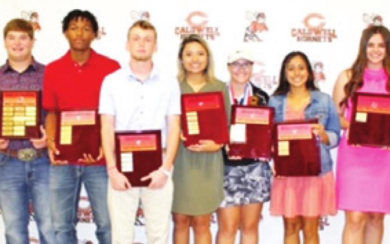 MOST VALUABLE PLAYER award winners included, from left, Dontavien Johnson, Garrett Tittle, De’Autre Burns, Bryce Blinka, Mercede Rodriguez, Hannah Blaha, Aletza Torres, Addison Reed and Barrett Yates.