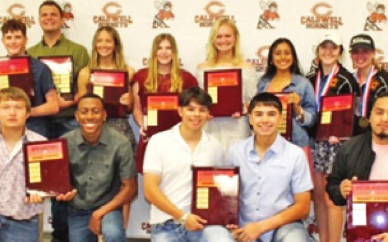 HORNET AWARD WINNERS include, front row, from left, Michael Gonzalez, Dontavien Johnson, Ian Reyes, Kain Sanchez and Chris Anaya; back row, Larry Davis, Nathan Scott, Ryan Broaddus, Delayni Drgac, Caylee Hermes, Paige Odenbach, Aletza Torres, Priscilla Olivarez, Rachel Novosad and Macy Taylor.