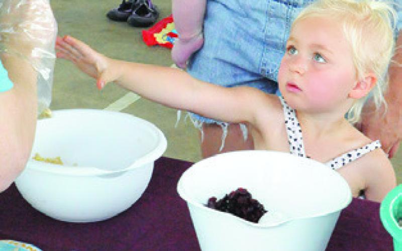 CHILDREN ATTENDING last Thursday’s special library event at Davidson Creek Park were taught what to include in trail mix. This child is ready to enjoy her specialized mix.