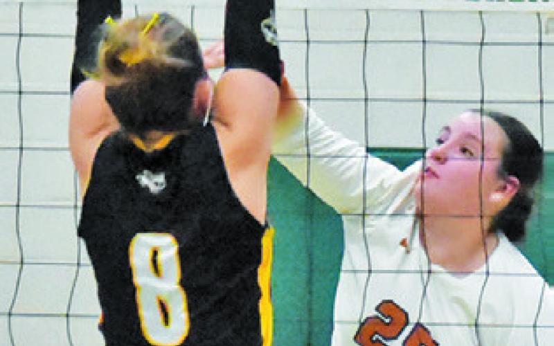 KIERSTYN MACIK attempts to overpower Ryanne Meyer at the net during the Caldwell-Sealy bi-district match last Thursday night. Tribune photo by Roy Sanders