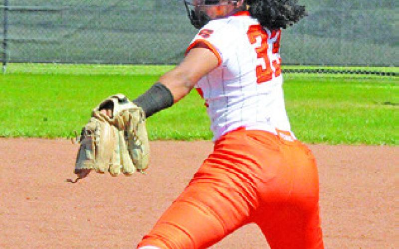 EMMA WILLIAMS pitches for the Lady Yeguas during the Somerville-Snook game last Tuesday afternoon in Somerville. Tribune photo by Denise Squier