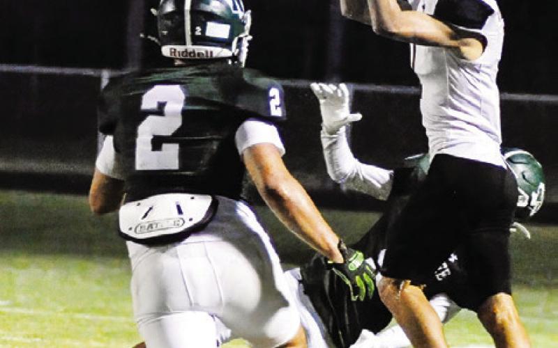 JAYDEN YOUNG OF Somerville leaps for this catch against Normangee. Somerville won 34-18. Tribune photo by Denise Squier