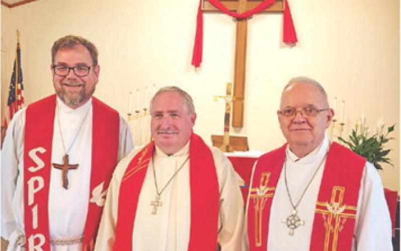 ST. JOHN’S LUTHERAN CHURCH of Deanville celebrated its 113th anniversary on June 25. Pictured are Pastor Terry Moon, Pastor Bryce Formwalt, Director of Mission Growth for LCMC Texas District, and retired Pastor Richard Brunk.