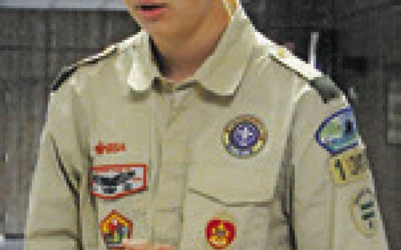 ALEXYORK,anEagle Scout candidate from Somerville, spoke to those attending Friday’s flag retirement ceremony at VFW Post 4458 in Caldwell about his Eagle Scout project -- to build boxes for county residents to leave old flags needing to be retired.