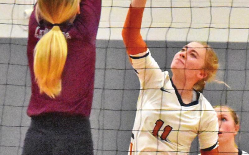 JACKIE PINKERTON tries to get the ball past a Cameron Yoe blocker during Caldwell’s loss to the Lady Yoe last Friday at Hornet Gym.