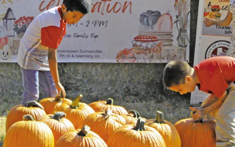 THESE BOYS ARE TAKING THEIR time to select the perfect pumpkin from the pumpkin patch at the “Downtown Somerville Celebration.” Tribune photo by Denise Squier