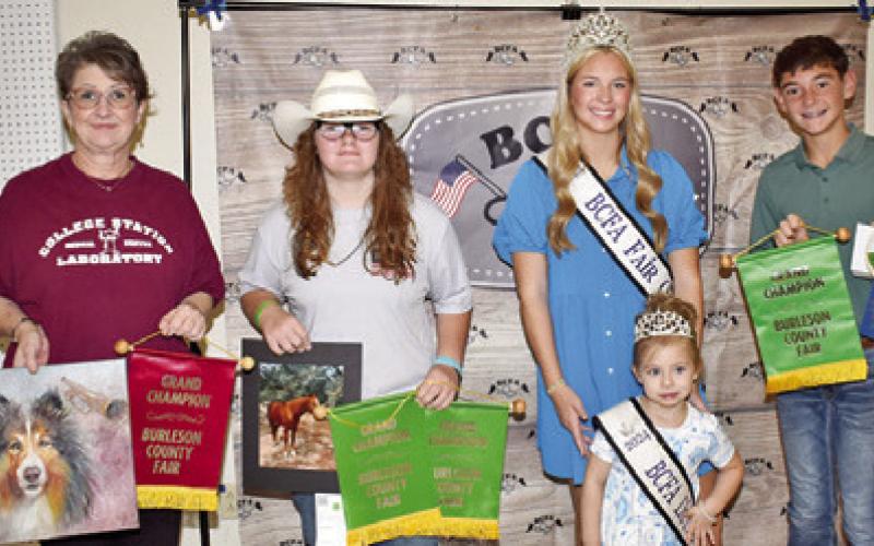 DIXIE HAMILTON WON grand champion for Class A, B, C and D photography; Amy Ferrell for Class A oil painting and Landon Vykukal for senior needlework 2, Class C. Joining them are Burleson County Fair Queen Hadleigh Novosad and Fair Queen Avery Grace Freeman.