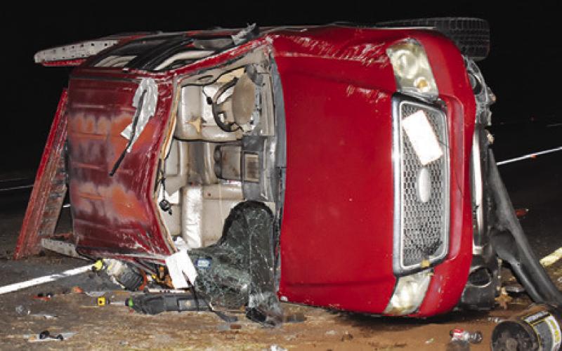 THIS VEHICLE IS overturned at the scene of a Thursday, Nov. 20, accident on State Highway 21 West near F.M. 60.