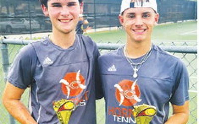 CONNOR HUGHSON and Waylon Chapman placed second in A Boys Doubles at the Rudder Ranger Varsity Roundup in Bryan last week.