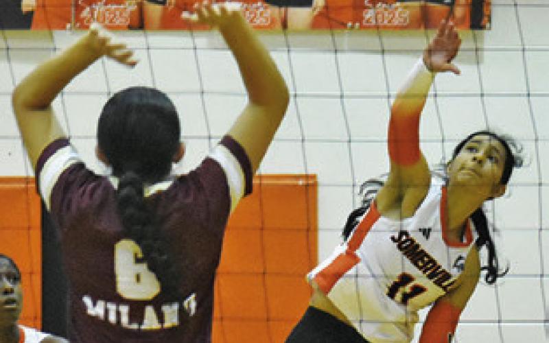 ANETTE REYNA gets a kill against Milano last Friday in the Lady Yeguas’ win. Tribune photo by Roy Sanders
