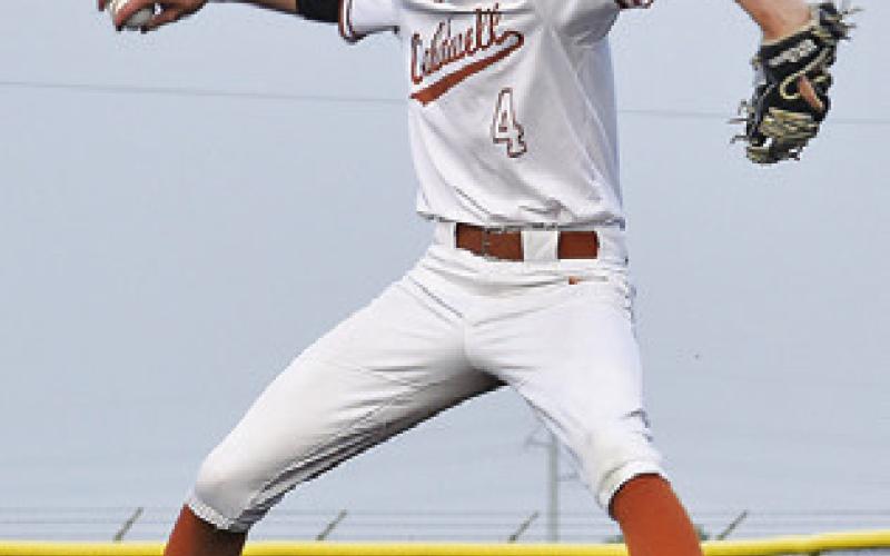 CALDWELL’S COLBY Maresh hurls this pitch against Giddings in the Hornets’ 7-2 win.