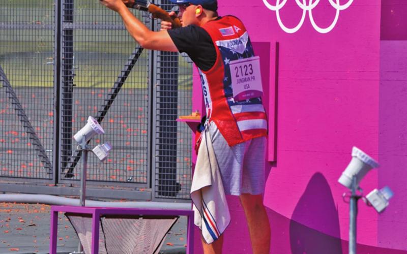 CALDWELL’S PHILLIP JUNGMAN shoots during the second day of the qualification round for Men’s Skeet Shooting at the 2020 Tokyo Olympics. -- Photo courtesy of the U.S. Army Marksmanship Unit