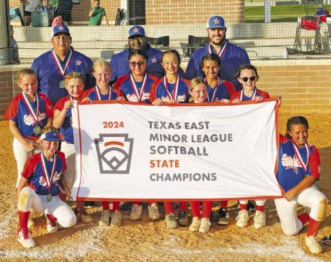 THE BURLESON COUNTY LITTLE LEAGUE Minor All-Star Softball Team won the Texas East State Tournament title last week in El Campo. Pictured are Bailey Barnes, Paisley Brack, Mckayla Collins, Jesenia Herrera, Macee Lewis, Zoey Gausin, Braely Polasek, Carly Sheppard, Olivia Zamora and Caegan Kouatli. The team is coached by Adrian Sheppard, Haley Balboa and Flo Ortega. Not pictured are Avery Balboa and Karlee Praesel.