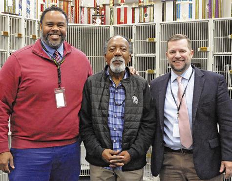 SOMERVILLE BAND DIRECTOR Carl Idlebird, center, is being inducted into the ATSSB (Association of Texas Small School Bands) Hall of Fame on Feb. 14. He is pictured with Somerville High School Principal Steven Toliver and Somerville ISD Superintendent Eric Holton. Tribune photo by Denise Squier