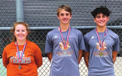 CALDWELL TENNIS players Neva Cravens, Waylon Chapman and Adolfo Gaucin advanced to regionals after competing in the District 19- 3A Tennis Tournament last Thursday. Gaucin won the boys’ singles title, and Cravens and Chapman placed second in Mixed Doubles.