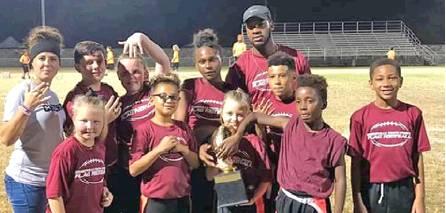 SUPER BOWL CHAMPS for Somerville Youth Sports are the Alabama Crimson Tide. They include, front row, from left, Audrey Schoenberg, Serenity Leverette, Ryann Ricci, Greg Shingleton, Kevin Gaines; and back row, from left, Jennifer Mader, Nicholas Connely, Kieleigh Connely, Kemorah Cooper, Dawud Majied and Elijah Lauderdale.