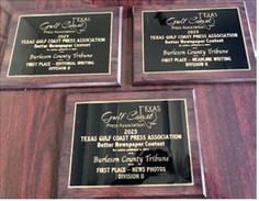 THE BURLESON COUNTY Tribune won three first place awards at the recent Texas Gulf Coast Press Association Convention News Photos, Headline Writing and Editorial Writing. The newspaper brought home 13 total awards, placing in all categories.