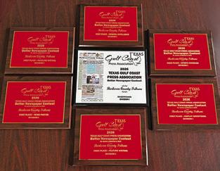 THE TRIBUNE EARNED the Sweepstakes Award (center) for top newspaper in the Texas Gulf Coast Press Association. The Tribune also won six first place awards in several individual categories in the TGCPA Better Newspaper Contest for editions from 2025.