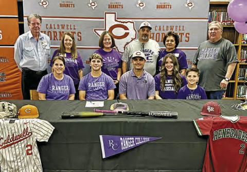 CALDWELL HIGH SCHOOL baseball player Blane Garza recently signed his letter of intent to continue his baseball career at Ranger College in Ranger. Last season, the Rangers were 33-23 overall and 16-16 in the NJCAA. Also, head baseball coach Scott Norwood earned his 600th career win on May 1. -- Photo courtesy of Tammie Novosad, CISD