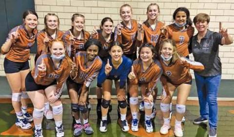 THE CALDWELL LADY HORNET JUNIOR varsity won the JV District 19-3A title with a 9-1 district record. Pictured, from left, back, are Ashlyn Kellum, Kelly Urbanovsky, Anna La Fountain, Jayla Schultz, Jackie Pinkerton, Lexie, Aliyah, Coach Wendy Weiss, front, Hope Savage, Daisha Denson, Andrea Flores, Marina Brinkman and Taylor Butters.