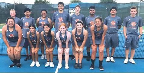 THE CALDWELL JUNIOR VARSITY tennis team played Academy in a practice match on Sept. 21. Pictured are, from left, back, Jayden Nickason, Irvin Johnson, Isabel Leyva, Nicholas Rutherford, Christian Rogers, Juan Romero, Alejandro Zapata, Clayton Ferrell, front, Daniella Silos, Marily Reyes, Judith Reyes, Hope Savage, Faith Vann and Skylinn Johnson.