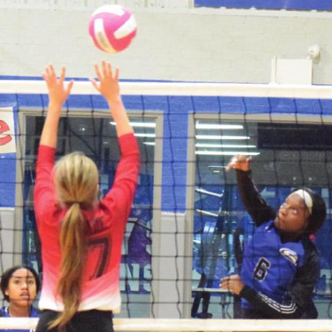 SNOOK’S BREANNA LOUIS hits the ball over a McDade blocker during the Lady Jays’ district win last Friday afternoon at home.