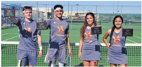 THE CALDWELL VARSITY tennis team participated in the Bastrop Winter Cup on Friday, Jan. 24. Placing third in boys doubles were Luke Chaplin and Adolfo Gaucin, and placing third in girls doubleswere Skylinn Johnson and Aletza Torres.