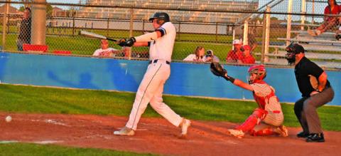 BRAYDEN MACIK OF the Snook Bluejays bats against Burton last Friday in Snook. Tribune photo by Roy Sanders