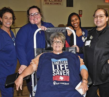 JUDY KOCUREK DONATES blood at a replenishment blood drive in honor of her granddaughter Lynnlee Kocurek last Sunday, April 19, at the Sons of Hermann Hall in Deanville. She is joined by Michelle Hartmann, Kayla Cox, Aunisti Jones and Sandra Hernandez Minifee of Gulf Coast Blood.