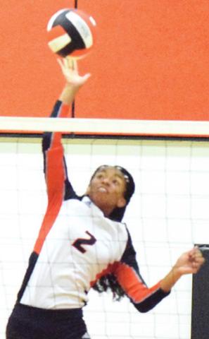 RA’MAYA CARTER jumps to hit the ball during the Somerville-Richards match last week.