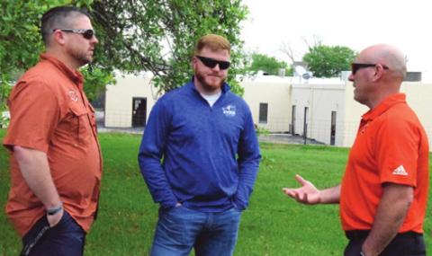 THE COUNTY’S ATHLETIC directors met last week at The Tribune to discuss the UIL’s decision to suspend all contests, practices, rehearsals and workouts until further notice. Pictured, from left, are Matt Langley, Caldwell ISD athletic director, Boone Patterson, Snook ISD athletic director, and Cal Neatherlin, Somerville ISD athletic director.