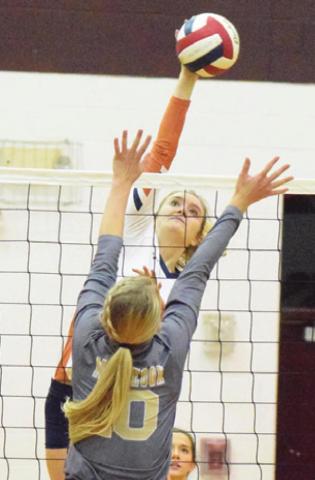 ELIZABETH SEE led Caldwell with 18 kills in their area match against McGregor last Tuesday. -- Tribune photo by Denise Hornaday