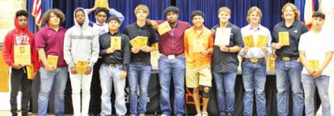 SOMERVILLE HIGH BOYS award winners included, from left, Verkoby Woodberry, Andrew Vasquez, Dameon Bryant, Javen Henderson, Isaac Sanchez, Johnny Legg, Caden Espinoza, Victor Orozco, Payton Sprouse, Ross DuBois, Cullen Sablatura and Ian Teague.