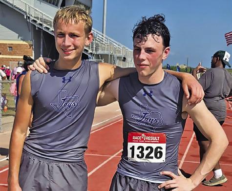 SNOOK’S BARRETT DUDENSING, left, qualified for the UIL Cross Country State Championships by placing 16th at the UIL Region IV Cross Country Championships on Oct. 21. Also pictured is Ethan Janac, right, who placed 37th at the regional meet.