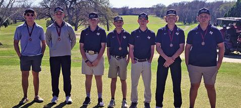 THE CALDWELL BOYS golf team includes, from left, Kaden Fritsche, Cooper Schluens, Zane Ginnis, Conner Schroeder, Kyle Skinner, Rylan Cross and Logan Barns. The team placed third in Cameron.