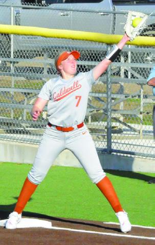 MIA WITHERWAX grabs the throw at first for a force out during the Caldwell-Lexington game last Thursday afternoon.