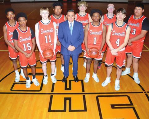 SOMERVILLE TEAM MEMBERS include, front row, from left, Verkobe Woodberry, Garrison Ballard, Head Coach Billy Ramey, Arvis Burns and Johnny Legg; back row, Brandyn Carter, Caden Espinosa, Jaret Pickerton and Jesus Espinoza. -- Tribune photo by Roy Sanders