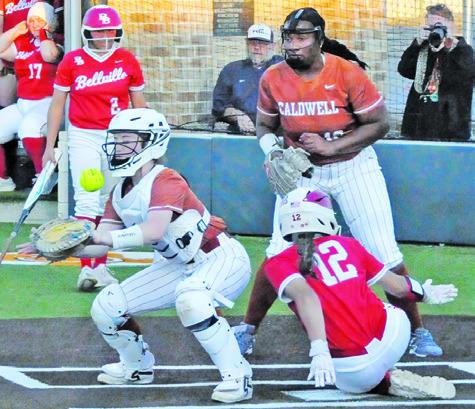 THE BALL APPROACHES THE plate during the Caldwell’s district opener against Bellville last Tuesday night. Tribune photo by Denise Squier