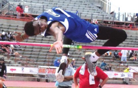 SNOOK’S DESHUN HAMILTON jumps 6 feet 4 inches to finish in fourth place in the boys Class 2A high jump at the UIL State Track and Field Meet in Austin last Friday. -- Tribune photo by Denise Squier