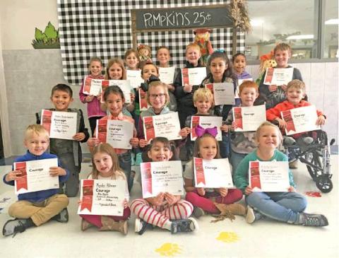 CALDWELL ELEMENTARY’S October Courage Value winners included, third grade, back row, from left, Mackenzie Wilhelm, Jenna Dodson, Jack Clements, Jake Norsworthy, Edna Bahena Bonilla, and Levi Clark; second grade, from left, Cloey Russ, Ayden Triplett, Evolett Cruz Galvan; first grade, from left, Jayden Dimas Escalante, Addison Smith, Rylee Chollett, Rhett Hartman, Korben Wolf, Kash Carter; kindergarten, from left, Ryder Seale, Kynlei Parker, Sofia Lopez, Samantha Burns and Blakely Kemper.