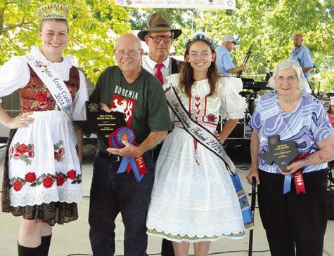 FRANKIE MUEHLSTEIN and Lydia Faust were honored as the grand and reserve champions in the Kolache Roll Division at the Kolache Festival Bake Show. Also pictured are Texas Czech Heritage Society’s 2024-25 Miss Texas Czech-Slovak Queen Madelyn Karstedt, Miss Kolache Festival 2024 Olivia Supak and Bruno Shimek. Tribune photo by Denise Squier