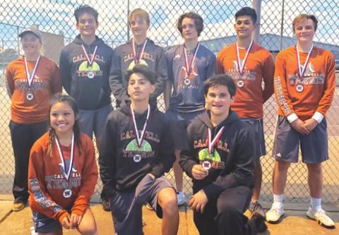THE CALDWELL VARSITY TENNIS team competed at the Waller Varsity Tennis Tournament last week. Players earning medals were, from left, back, Adolfo Gaucin, Neva Cravens, Waylon Chapman, Hayden Cirilo, Isaac Salazar, Luke Chaplin, front, Kym Le, Nico Lucero and Connor Hughson. The team will play in Cameron this Friday.