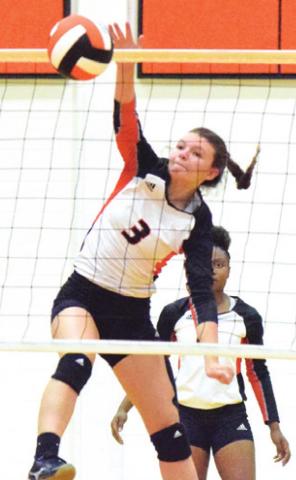 SOMERVILLE’S EMMA KOVASOVIC led the Lady Yeguas in kills against Dime Box on Friday. -- Tribune photo by Denise Hornaday