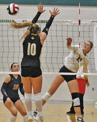 CALDWELL SENIOR Reese McManus led the Lady Hornets with 17 kills during their bi-district match against Sealy last Thursday. Tribune photo by Roy Sanders