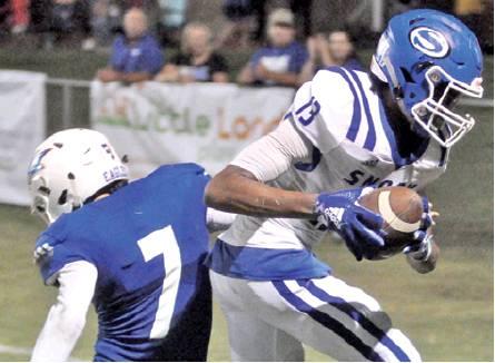 JERMAINE KEARNEY HAULS in this touchdown pass last Friday against Brazos Christian School in Bryan. Snook lost 48-38 and hosts Texas Wind this Friday in their homecoming game.