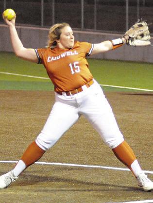 CALLIE FLETCHER earned the win from the circle for Caldwell over Leon last Friday night.
