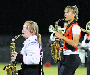 THE YEGUA BAND saxophone section jazzed up the Somerville-Iola halftime. Pictured are Amy Saxon and Jadon Moses. Tribune photo by Denise Squier