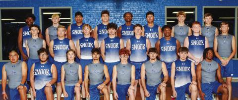 THE 2024 SNOOK BLUEJAY TRACK team is, from left, back, Ke’Treen Carter, Liam Zequiera, Noel Lara, Trey Daniels, Jeremiah Powell, Ramiro Martinez Banuelos, Silas Hetland, J Beaux Hruska, middle, Ethan Janac, Brandon Baker, Trace Huddleston, AJ Watson, Mason Hahn, Jemeriah Curry, Alex Bond, Brett Withem, front, Jacob Castaneda, Christopher Quevedo, Gabe LaCaze, Tristen Yen, Aaron Rodriguez, Jordan Price, Jensen Weaver and Domonic Hankins.