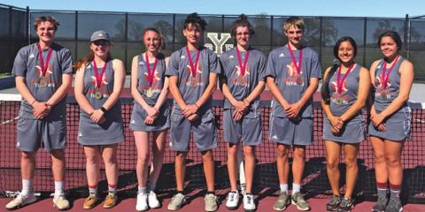 THE CALDWELL VARSITY TENNIS team competed at the Cameron Yoe Tennis Tournament, earning several medals. Pictured, from left, Luke Chapman, Neva Cravens, Autom Chaplin, Nico Lucero, Hayden Cirilo, Waylon Chapman, Aletza Torres and Skylinn Johnson.